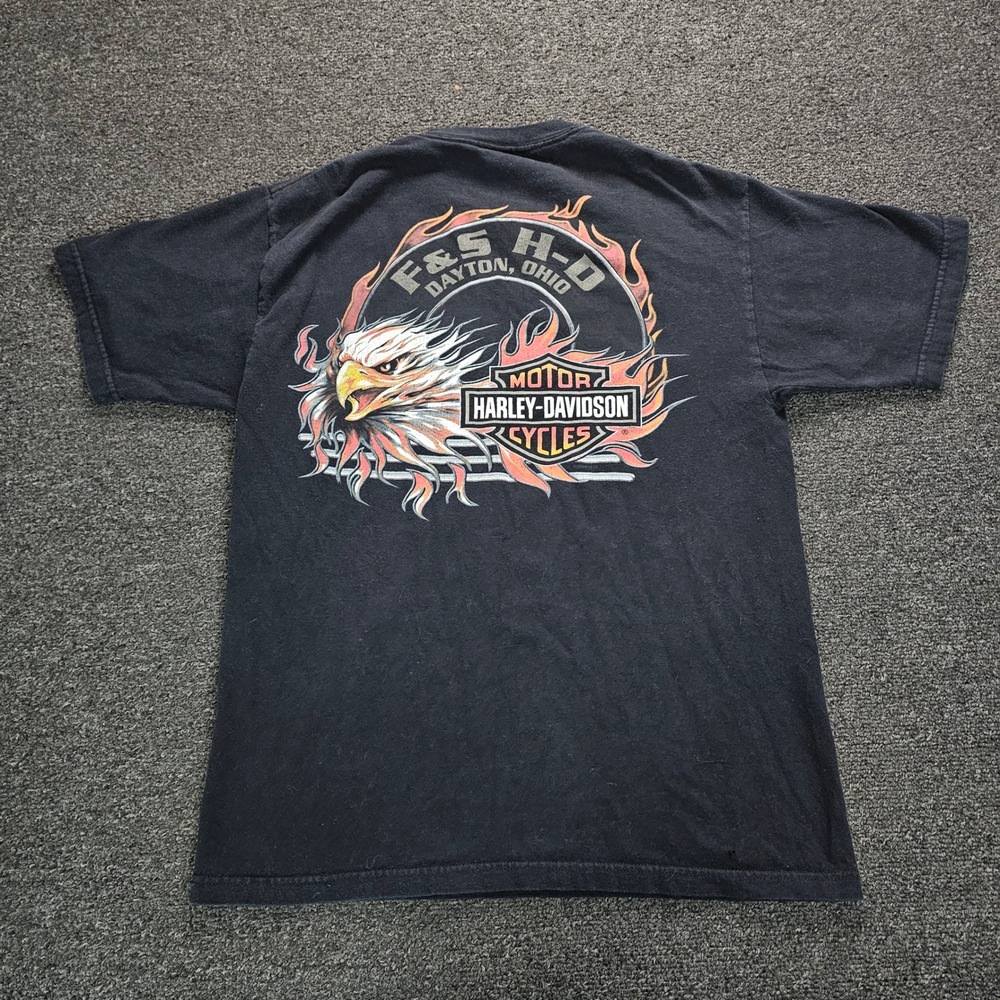 Vintage Harley Davidson Shirt Mens Medium Dayton Ohio Eagle Flame Black Y2k Bike